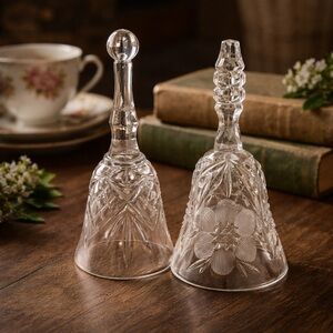 Vintage Cut Glass Bell Figurines Set of 2 Starburst Floral Pattern